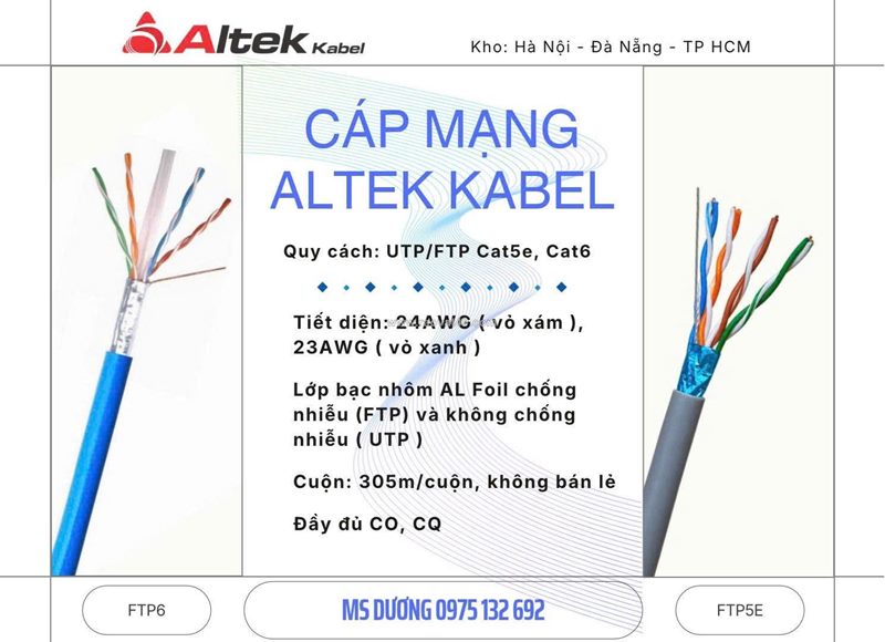 Cáp mạng cat5e, cat6 altek kabel – ruột đồng nguyên chất 100%, đầy đủ co, cq