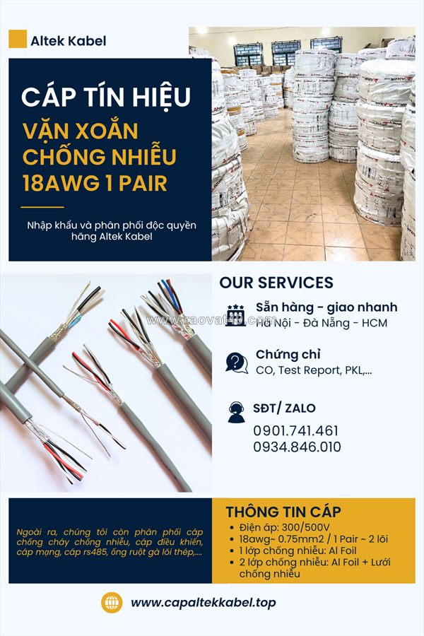 Cáp tín hiệu vặn xoắn chống nhiễu awg 1 pair tại quảng trị, quảng ngãi, quảng nam