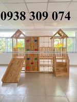 Cầu trượt gỗ trẻ em mầm non, cầu trượt vận động liên hoàn gỗ cho mầm non