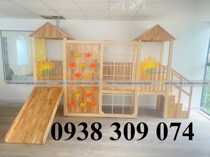 Cầu trượt gỗ trẻ em mầm non, cầu trượt vận động liên hoàn gỗ cho mầm non