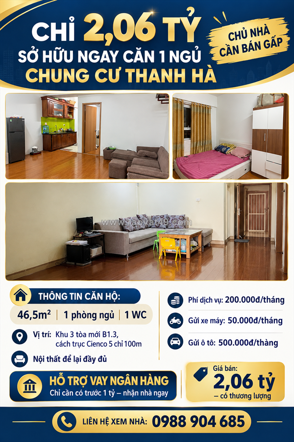 Chỉ 2,06 tỷ – sở hữu ngay căn 1 ngủ tòa mới chung cư thanh hà