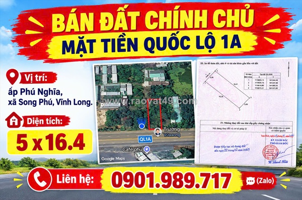 Chính chủ cần bán lô đất 80,3m2 mặt tiền quốc lộ 1a
