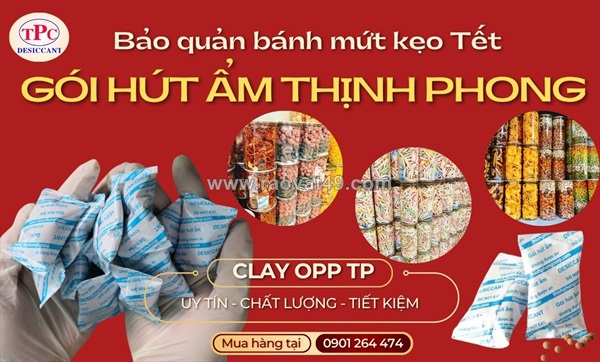 Gói hút ẩm clay giữ giòn, chống yểu cho hàng ăn vặt tết