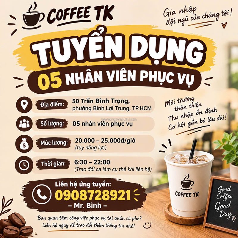 [ko cần kn] 5 nhân viên phục vụ bình lợi trung