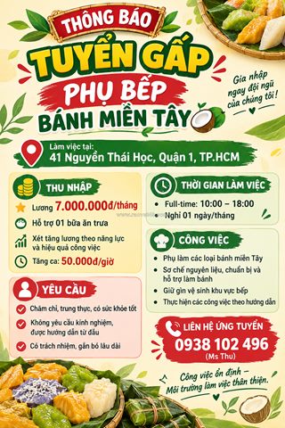 [ko cần kn, bao cơm] nhân viên phụ bếp quận 1