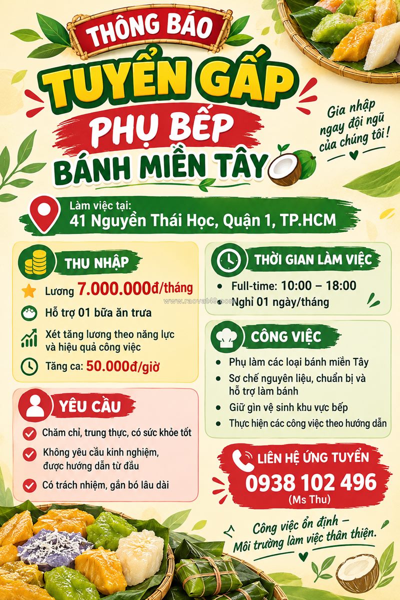 [ko cần kn, bao cơm] nhân viên phụ bếp quận 1