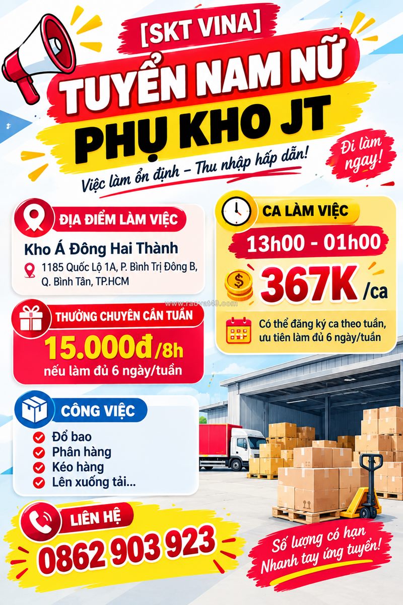 [ko cần kn] nhân viên phụ kho quận bình tân