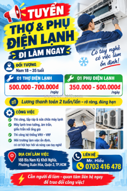 [làm ngay] 2 thợ điện lạnh quận 3