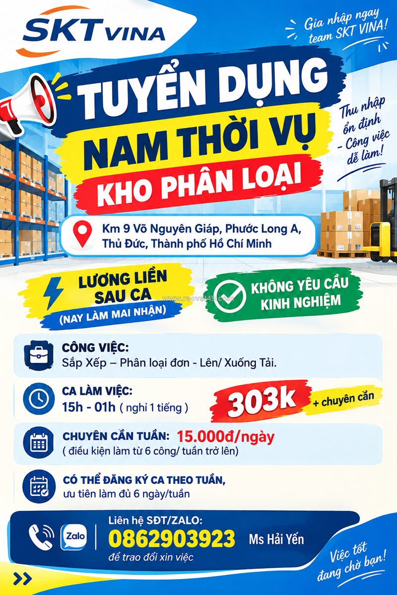 [làm ngay, ko cần kn] nam nhân viên kho thủ đức