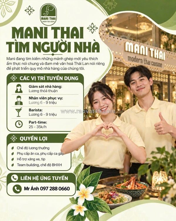Mani thái tuyển giám sát, barista & phục vụ ở hn