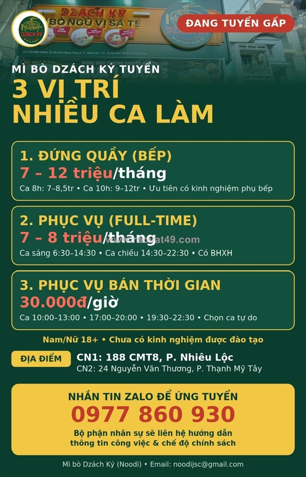Mì bò dzách ký tuyển nv đứng quầy bếp & phục vụ