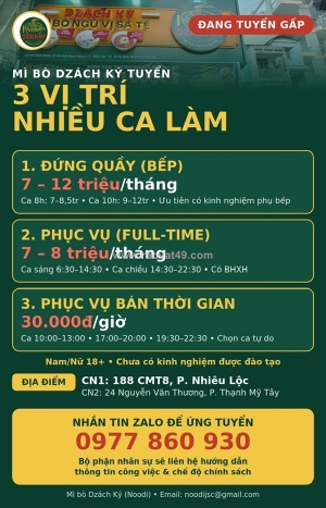Mì bò dzách ký tuyển nv đứng quầy bếp & phục vụ