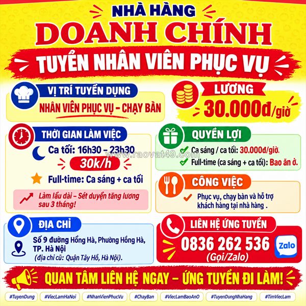 Nhà hàng doanh chính tuyển nhân viên phục vụ