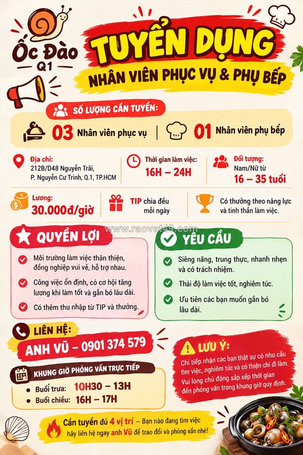 Ốc đào tuyển 3 nv phục vụ, phụ bếp quận 1