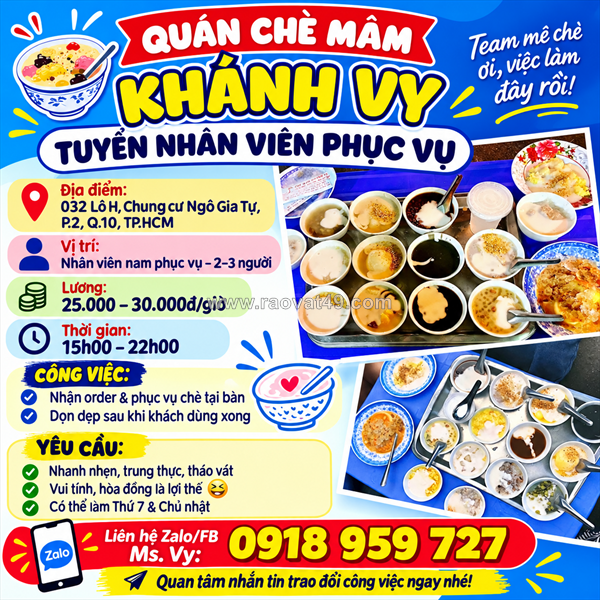 Quán chè mâm khánh vy tuyển nhân viên phục vụ