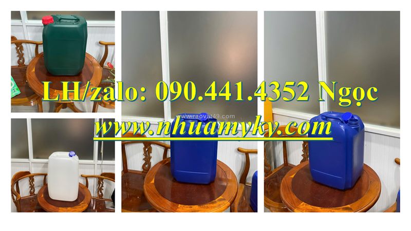 Thùng vuông 25 lít đựng hóa chất bào chế, can nhựa 20 lít đựng nguyên liệu chế biến, can 10 lít đựng