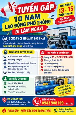 Tuyển 10 nam lao động phổ thông đi làm ngay