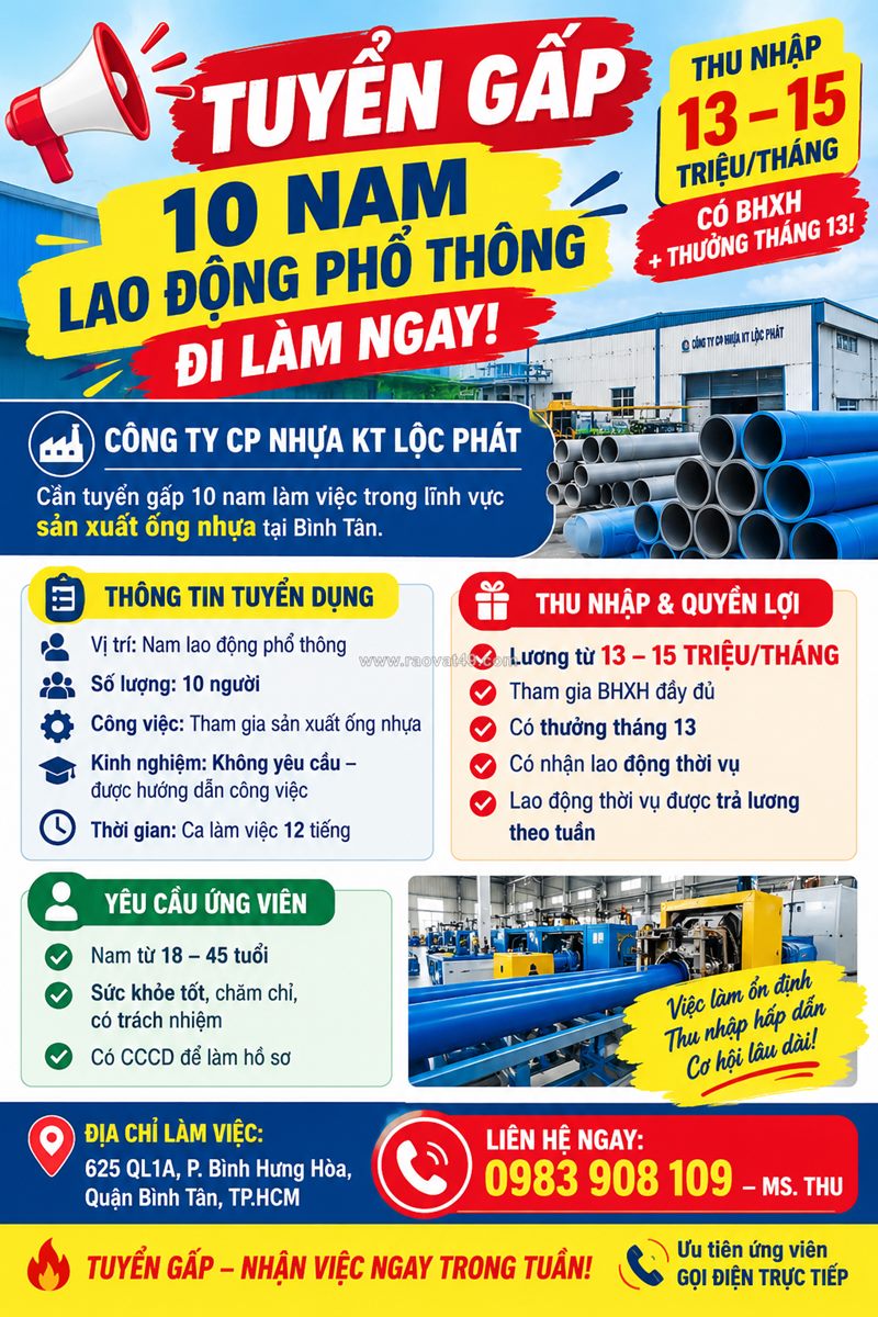 Tuyển 10 nam lao động phổ thông đi làm ngay