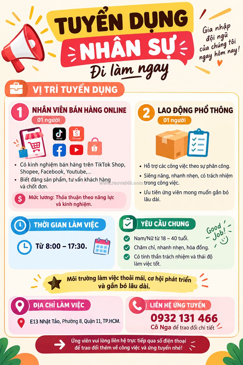 Tuyển 2 nhân viên bán hàng, lao động quận 11