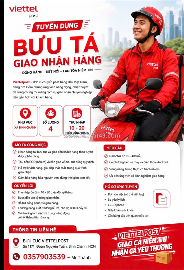 Tuyển 4 bưu tá giao nhận hàng bình chánh