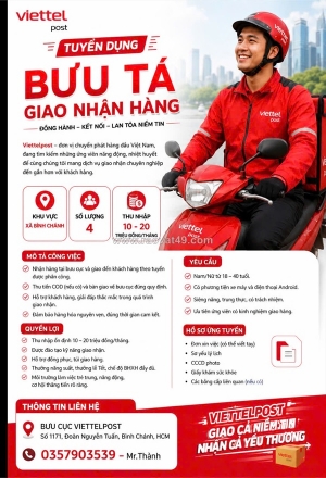 Tuyển 4 bưu tá giao nhận hàng bình chánh