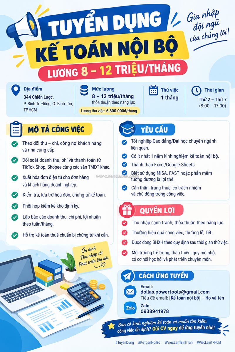 Tuyển kế toán nội bộ bình tân (lương 8-12tr)