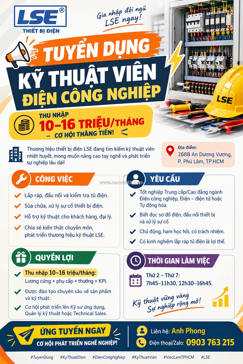 Tuyển kỹ thuật viên điện công nghiệp 10–16 triệu