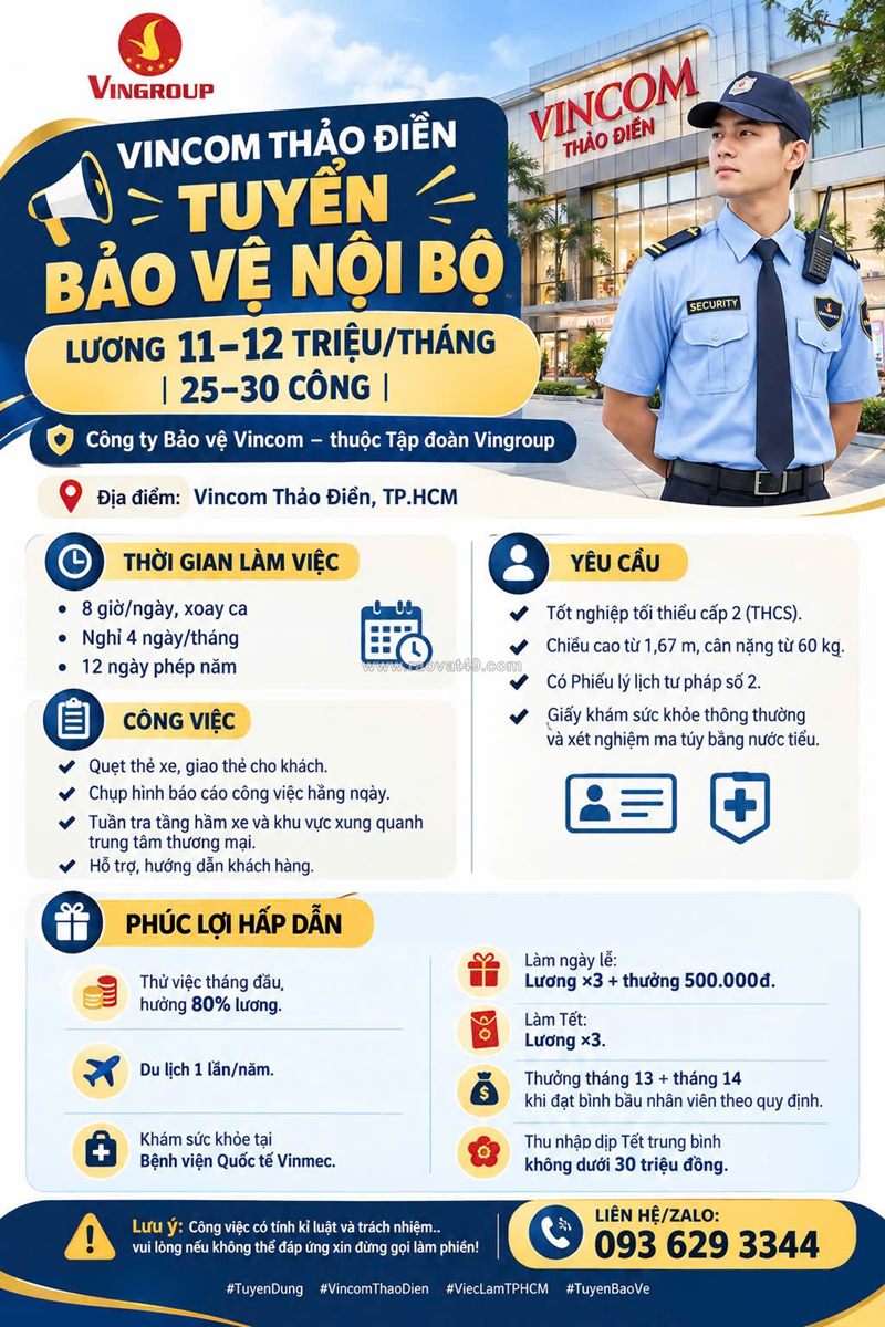 Tuyển nhân viên bảo vệ vincom thảo điền