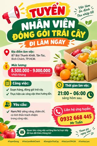 Tuyển nhân viên đóng gói trái cây bình chánh