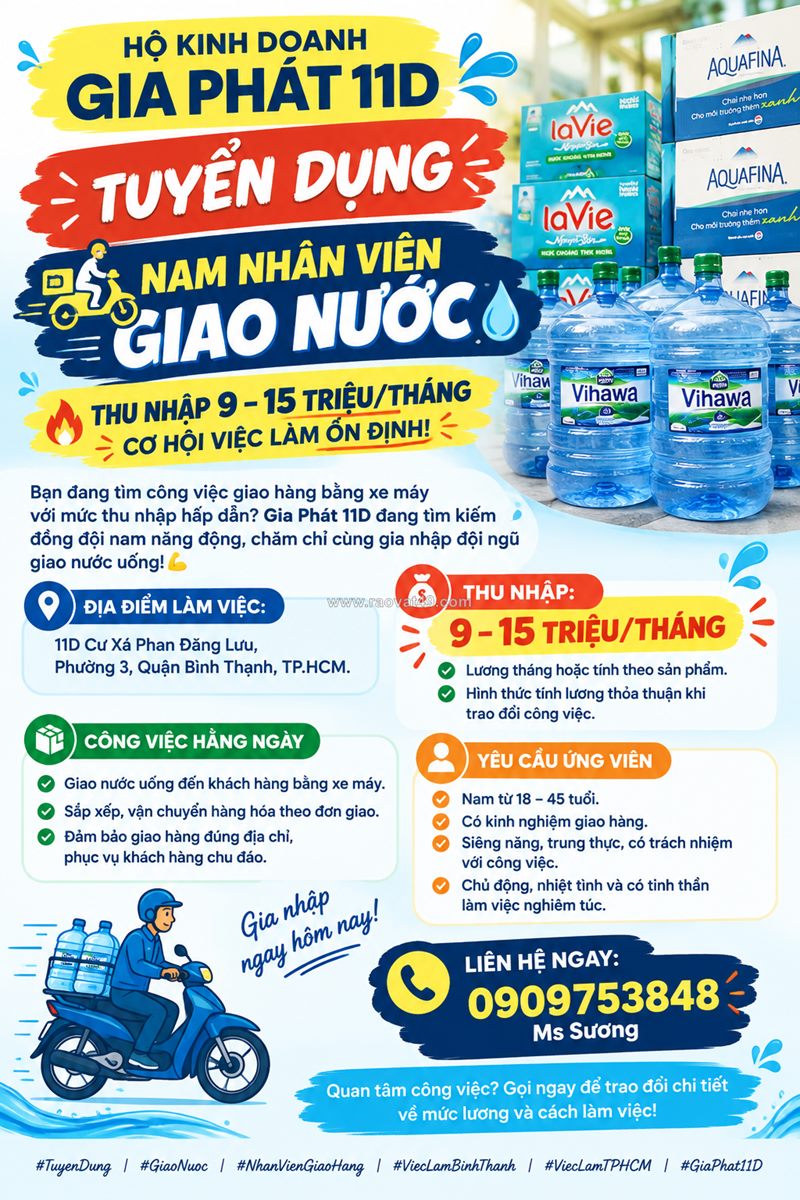 Tuyển nhân viên giao nước quận bình thạnh