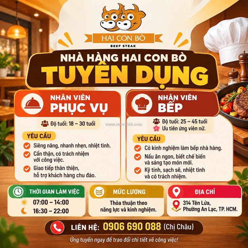 Tuyển nhân viên phục vụ và nhân viên bếp bình tân