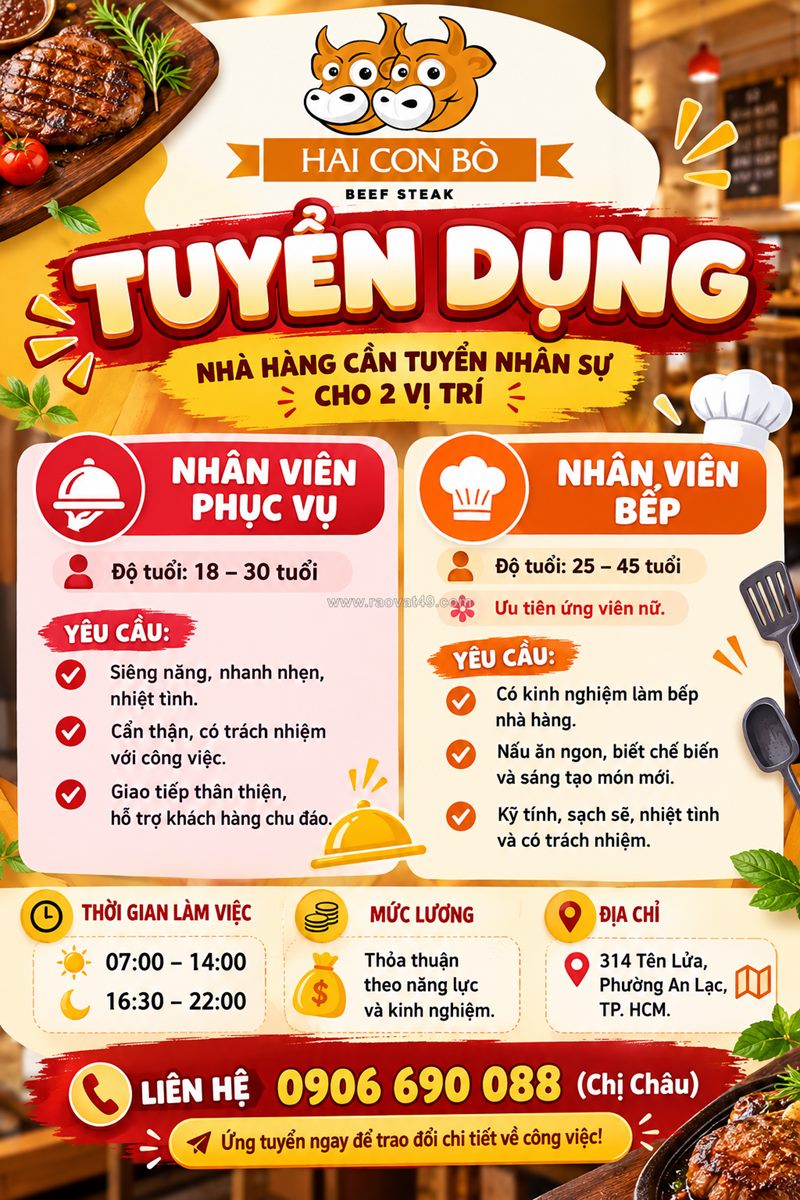 Tuyển nhân viên phục vụ và nhân viên bếp bình tân