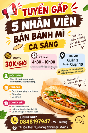 Tuyển nv bán bánh mì buổi sáng q3, q10