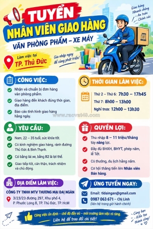 Tuyển nv giao hàng văn phòng phẩm tp. thủ đức