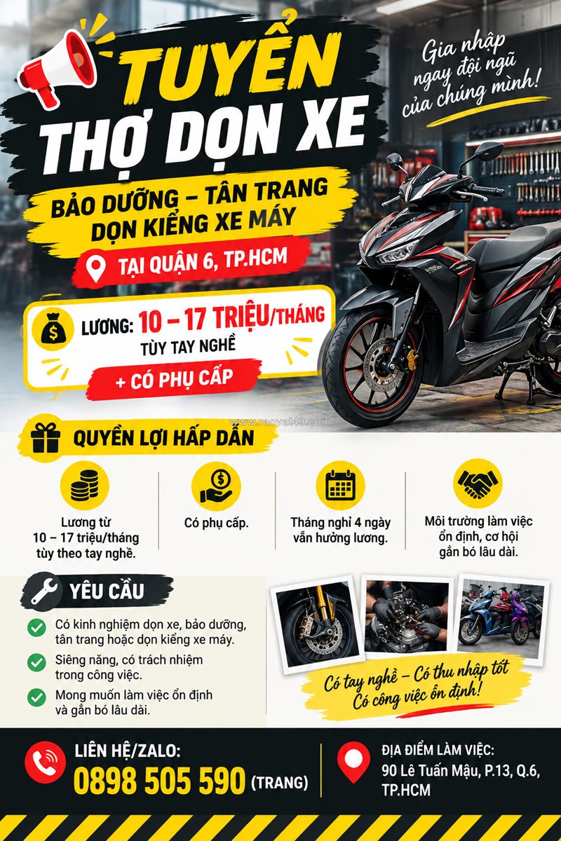 Tuyển thợ dọn bảo dưỡng, tân trang xe máy q6