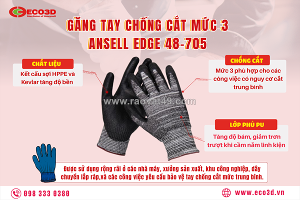 🧤 găng tay chống cắt mức 3 ansell edge 48-705