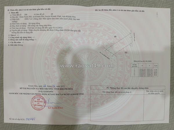 Bán đất gần ngã 3 nước nhĩ – khánh phú, khánh vĩnh, khánh hòa – giá tốt