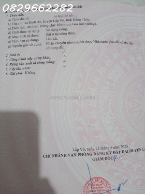 Bán đất thổ cư định an,lấp vò đt. mặt tiền chợ cái dầu bé. sổ hồng 48m2, giá