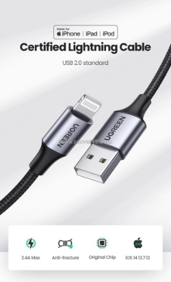 Cáp sạc & truyền dữ liệu usb 2.0 to lightning 1m ugreen 60161 – sạc nhanh, bền bỉ, an tâm cho iphone & ipad