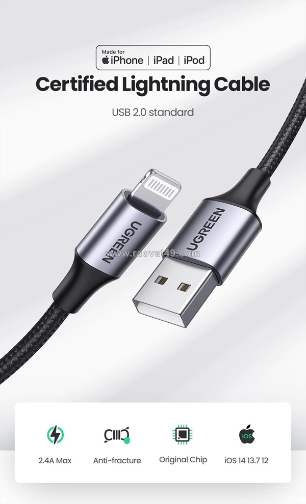 Cáp sạc & truyền dữ liệu usb 2.0 to lightning 1m ugreen 60161 – sạc nhanh, bền bỉ, an tâm cho iphone & ipad