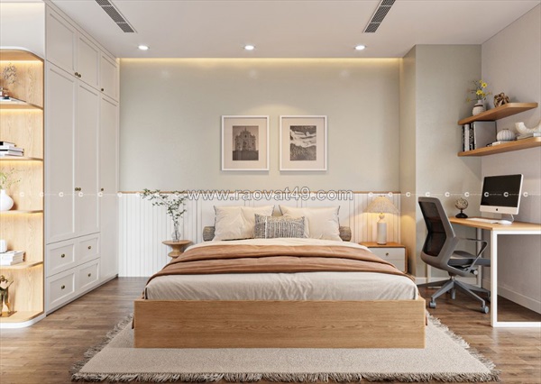 Combo phòng ngủ gỗ hiện đại, tông trắng phối be thanh lịch
