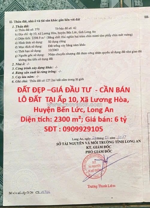 Đất đẹp –giá đầu tư  - cần bán lô đất  tại ấp 10, xã lương hòa, huyện bến lức,