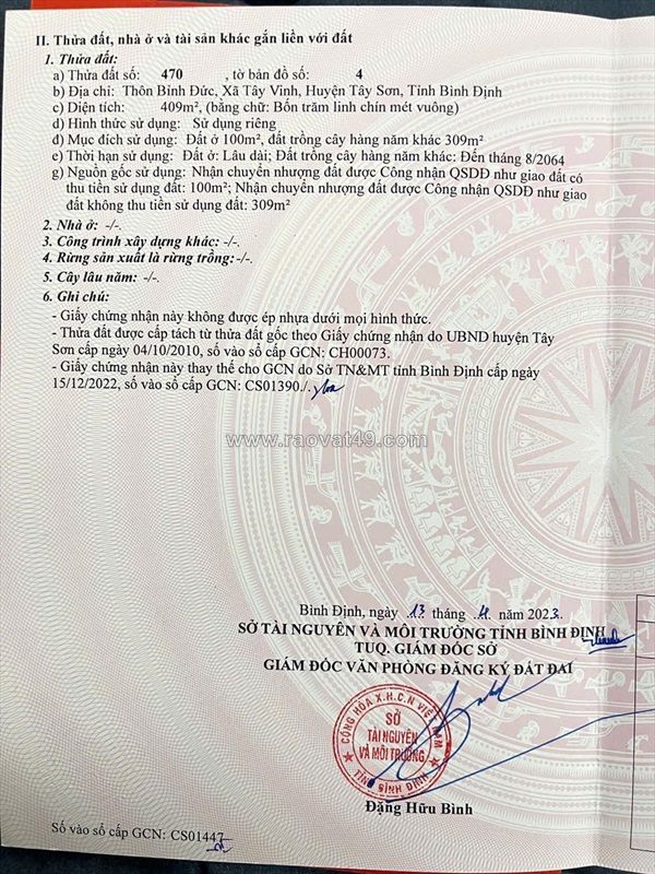 Đất đẹp – giá tốt – chính chủ cần bán tại thôn bỉnh đức xã tây vinh, tây sơn,