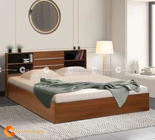 Giường ngủ gỗ công nghiệp có kệ màu nâu vân gỗ sang trọng