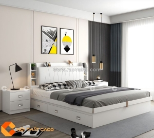 Giường ngủ gỗ công nghiệp màu trắng bọc nệm đầu giường