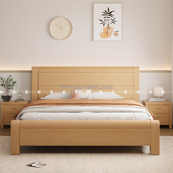 Giường ngủ gỗ sồi tự nhiên thiết kế chân cao bền bỉ, đẳng cấp