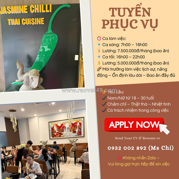 Nhà hàng jasmine chilli – tuyển nhân viên phục vụ q1