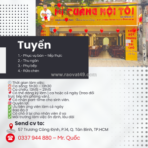 Nhân viên phục vụ, thu ngân, phụ bếp, rửa chén