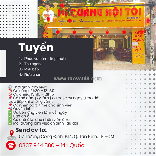Nhân viên phục vụ, thu ngân, phụ bếp, rửa chén