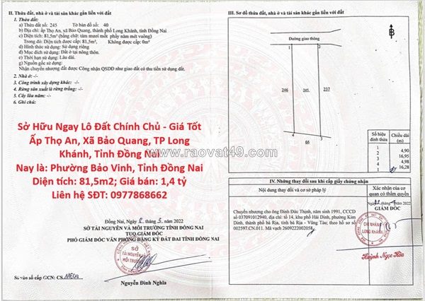 Sở hữu ngay lô đất chính chủ - giá tốt ấp thọ an, xã bảo quang, tp long khánh,